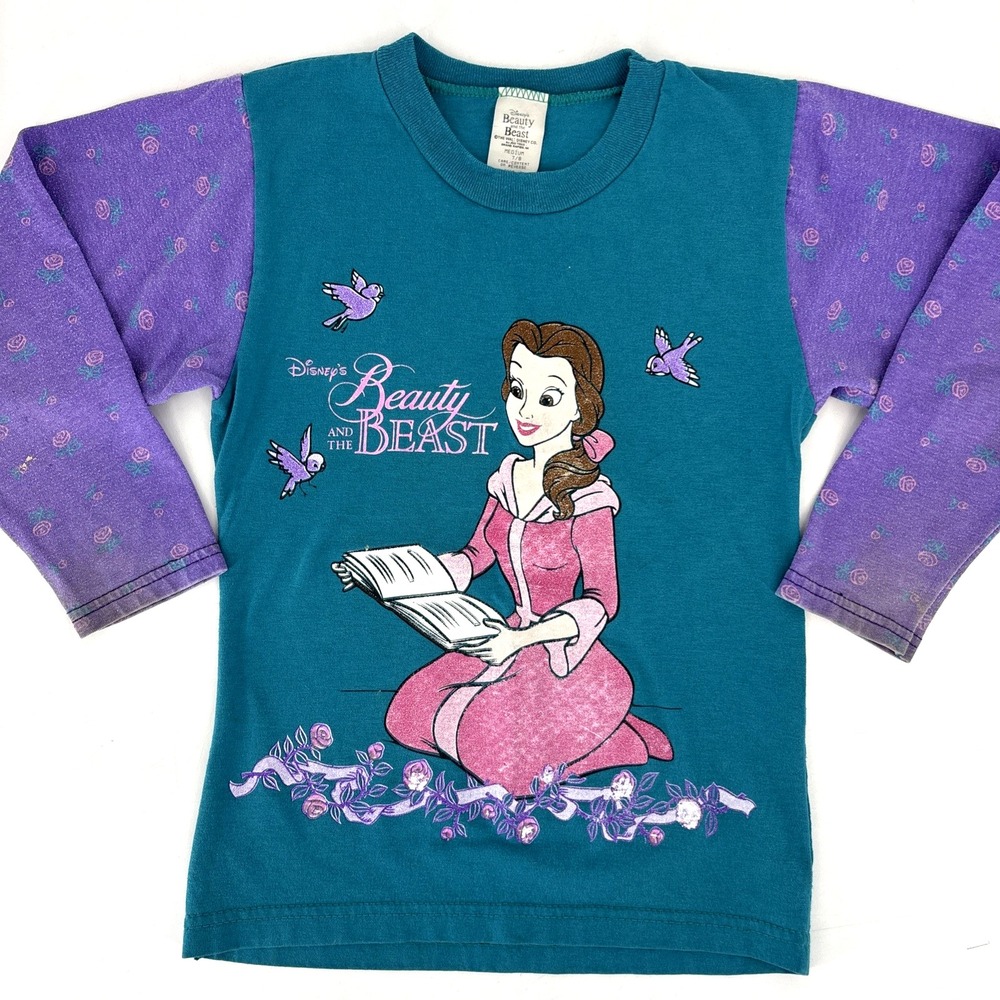 Vintage Beauty And The Beast Kids Shirt 90s Belle Rose Sleeves Disney Medium 7/8